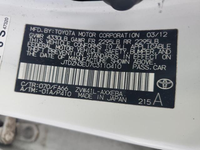 JTDZN3EU7C3110410 - 2012 TOYOTA PRIUS V WHITE photo 12