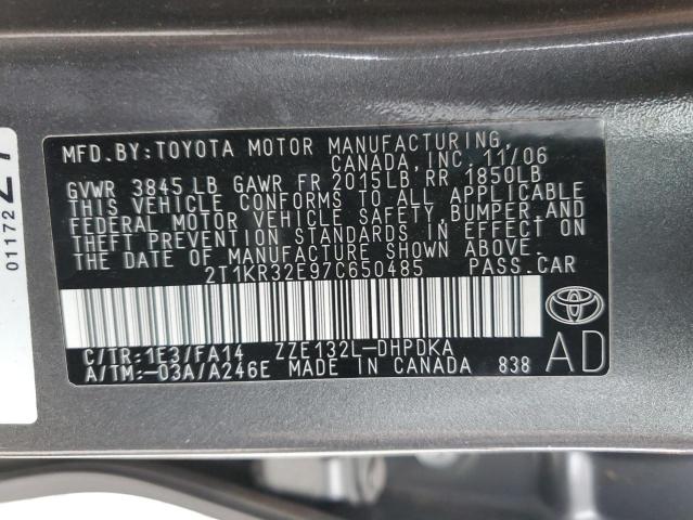 2T1KR32E97C650485 - 2007 TOYOTA COROLLA MA XR GRAY photo 12