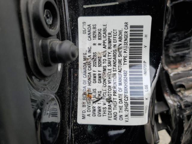 2HGFC2F8XKH562482 - 2019 HONDA CIVIC SPORT 黑色 照片 12