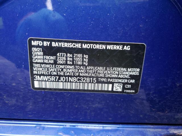 3MW5R7J01N8C32815 - 2022 BMW 330XI BLUE photo 12