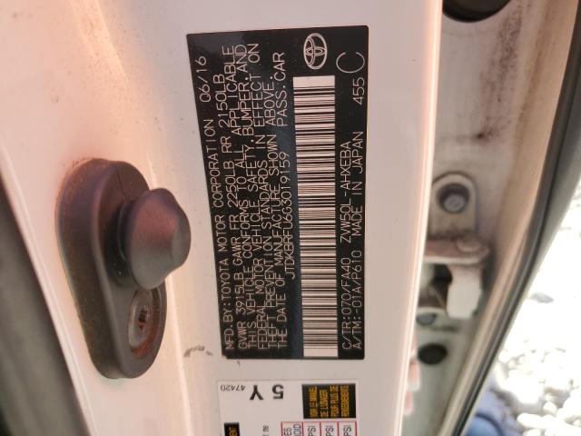 JTDKBRFU6G3019159 - 2016 TOYOTA PRIUS WHITE photo 13