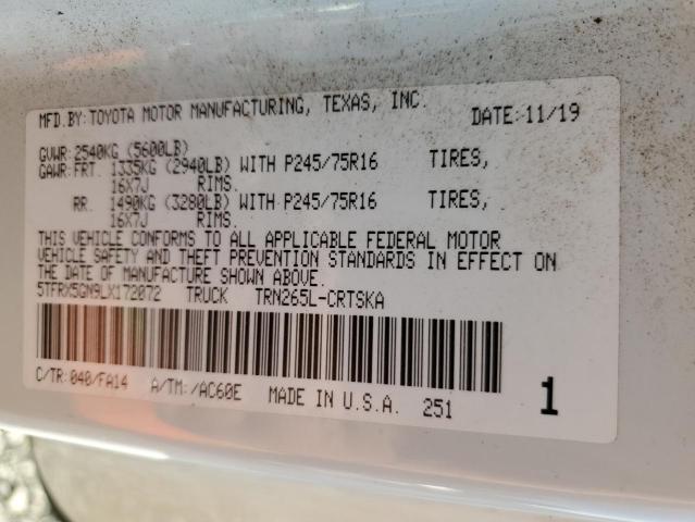 5TFRX5GN9LX172072 - 2020 TOYOTA TACOMA ACCESS CAB თეთრი ფოტო 12