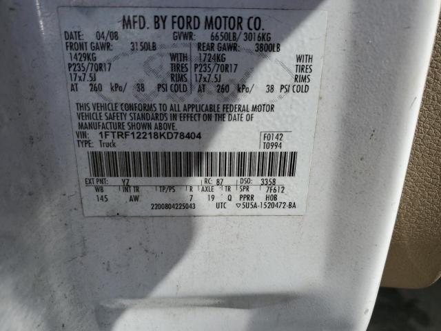 1FTRF12218KD78404 - 2008 FORD F150 WHITE photo 12