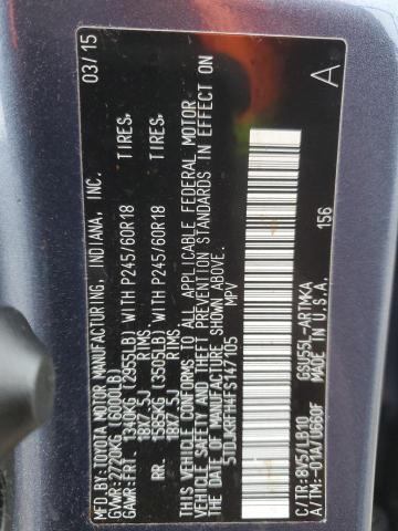 5TDJKRFH4FS147105 - 2015 TOYOTA HIGHLANDER XLE BLUE photo 12