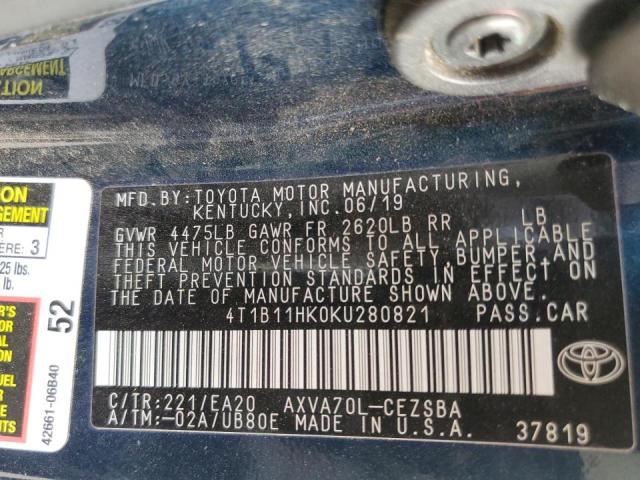 4T1B11HK0KU280821 - 2019 TOYOTA CAMRY L BLUE photo 12