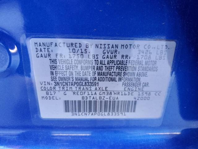 3N1CN7AP0GL833591 - 2016 NISSAN VERSA S BLUE photo 13