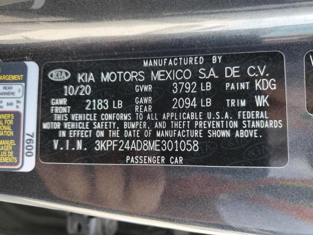 3KPF24AD8ME301058 - 2021 KIA FORTE FE GRAY photo 12