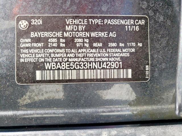 WBA8E5G33HNU42901 - 2017 BMW 320 XI GRAY photo 10