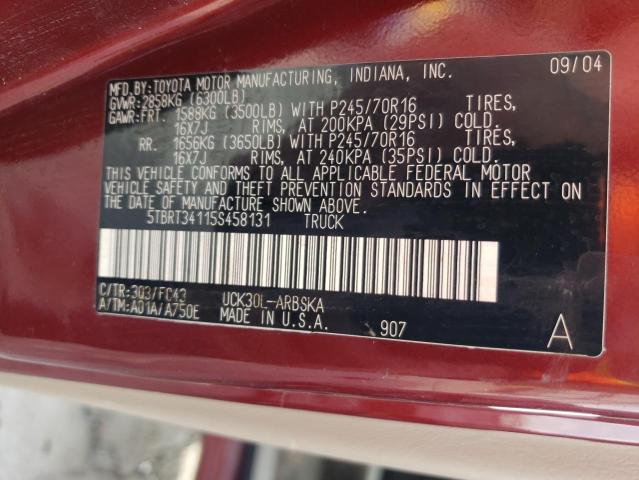 5TBRT34115S458131 - 2005 TOYOTA TUNDRA ACCESS CAB SR5 MAROON photo 12