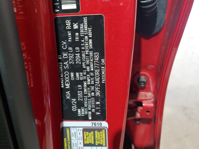 3KPF24AD3RE777483 - 2024 KIA FORTE LX RED photo 12