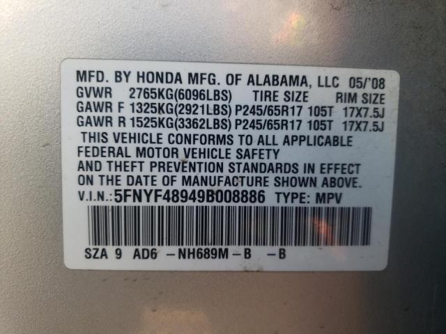 5FNYF48949B008886 - 2009 HONDA PILOT TOURING SILVER photo 13