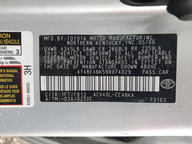 4T4BE46K59R074029 - 2009 TOYOTA CAMRY BASE SILVER photo 12