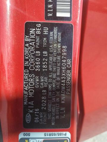 KNADM4A3XH6047998 - 2017 KIA RIO LX RED photo 13