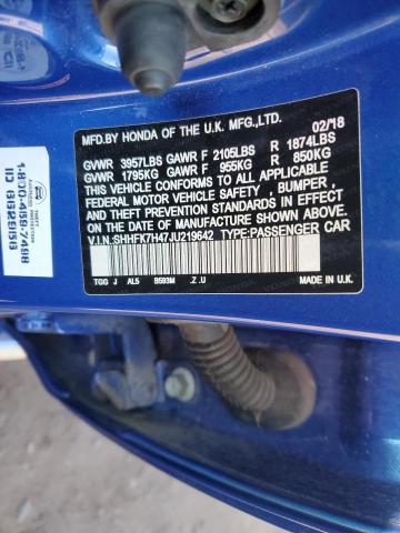 SHHFK7H47JU219642 - 2018 HONDA CIVIC SPORT 蓝色 照片 12