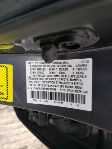 2HGFC2F89KH510566 - 2019 HONDA CIVIC SPORT 灰色 照片 12