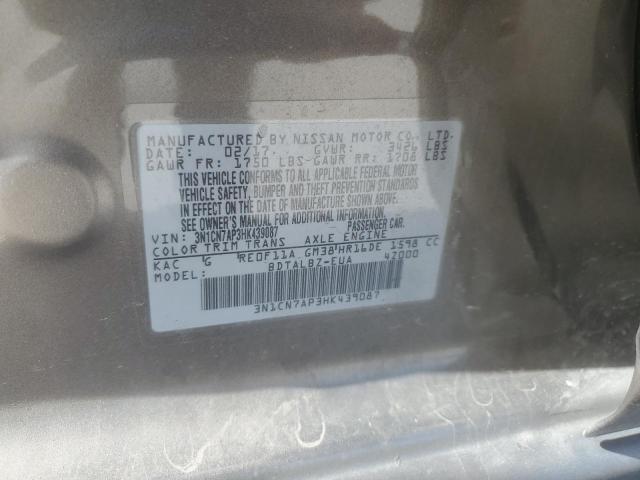 3N1CN7AP3HK439087 - 2017 NISSAN VERSA S GRAY photo 12