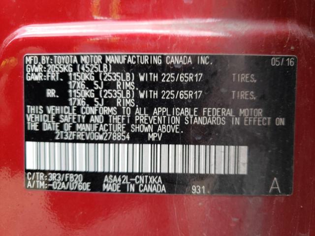 2T3ZFREV0GW278854 - 2016 TOYOTA RAV4 LE RED photo 13