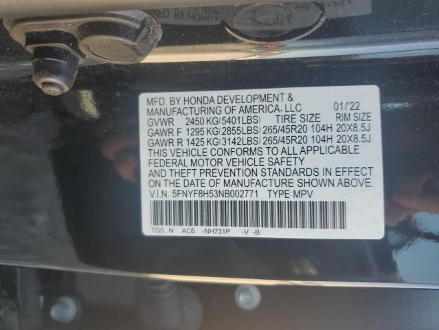 5FNYF8H53NB002771 - 2022 HONDA PASSPORT EXL BLACK photo 12