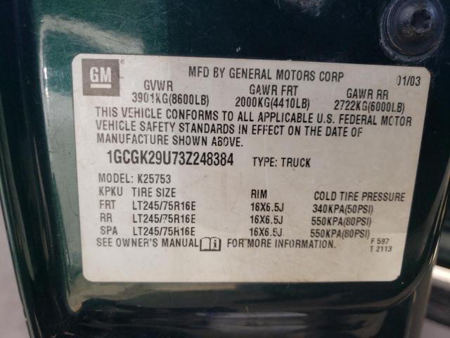 1GCGK29U73Z248384 - 2003 CHEVROLET SILVERADO K2500 GREEN photo 12