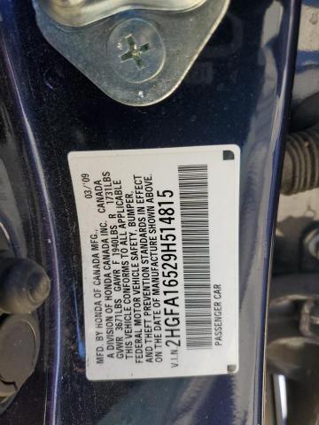 2HGFA16529H514815 - 2009 HONDA CIVIC LX BLUE photo 12