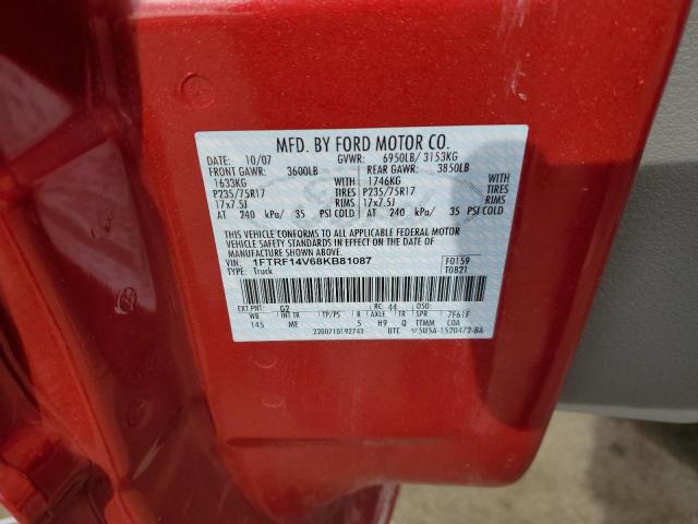 1FTRF14V68KB81087 - 2008 FORD F150 RED photo 12