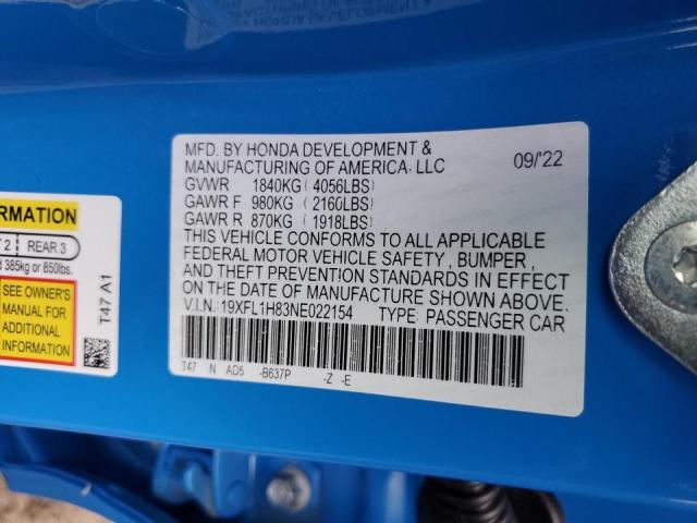 19XFL1H83NE022154 - 2022 HONDA CIVIC SPORT TOURING أزرق صورة 12