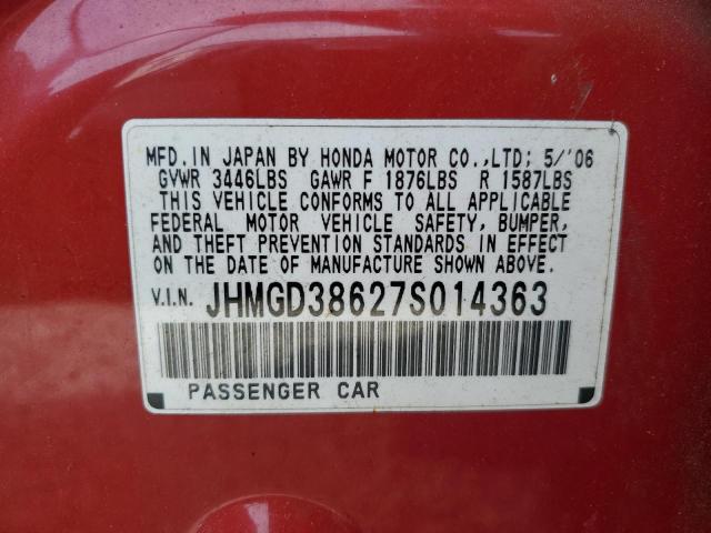 JHMGD38627S014363 - 2007 HONDA FIT S RED photo 12