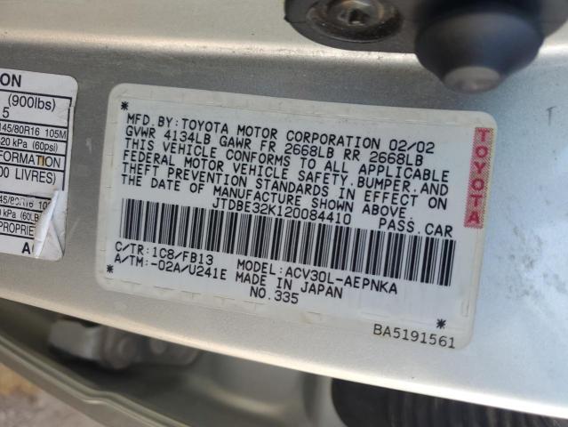 JTDBE32K120084410 - 2002 TOYOTA CAMRY LE SILVER photo 12