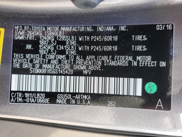 5TDKKRFH5GS145420 - 2016 TOYOTA HIGHLANDER XLE GRAY photo 13