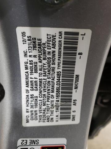 1HGFA16586L034485 - 2006 HONDA CIVIC LX SILVER photo 12