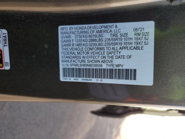 5FNRL6H89NB038508 - 2022 HONDA ODYSSEY TO GRAY photo 13