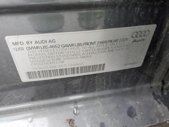 WAUJT68E34A166864 - 2004 AUDI A4 3.0 GRAY photo 12