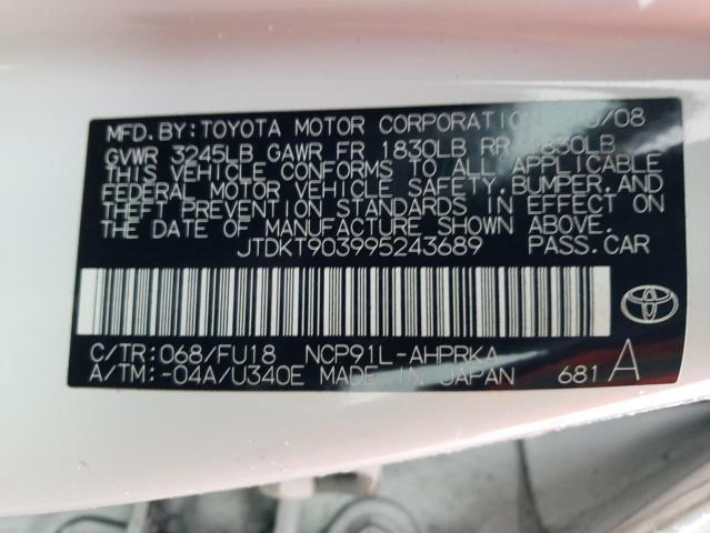 JTDKT903995243689 - 2009 TOYOTA YARIS WHITE photo 12