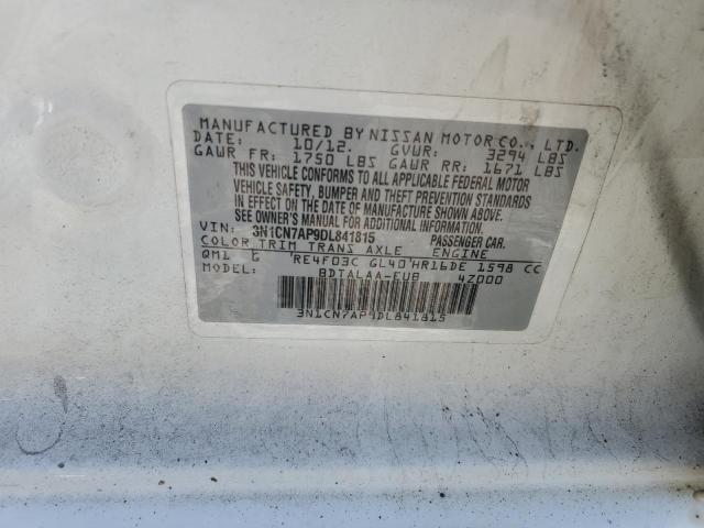 3N1CN7AP9DL841815 - 2013 NISSAN VERSA S WHITE photo 12