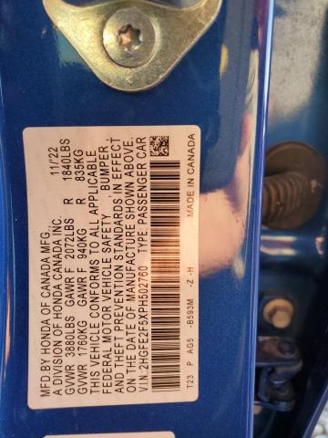 2HGFE2F5XPH502760 - 2023 HONDA CIVIC SPORT 蓝色 照片 12