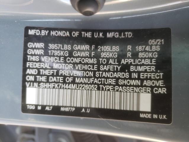 SHHFK7H44MU226052 - 2021 HONDA CIVIC SPORT ნაცრისფერი ფოტო 13