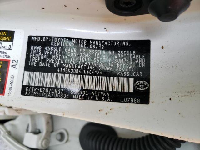 4T1BK3DB4CU464174 - 2012 TOYOTA AVALON BASE 白色 照片 12