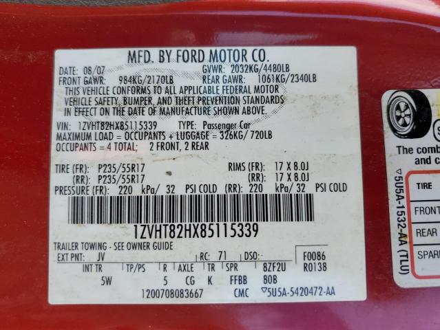 1ZVHT82HX85115339 - 2008 FORD MUSTANG GT RED photo 12
