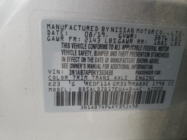 3N1AB7AP6KY393498 - 2019 NISSAN SENTRA S SILVER photo 12