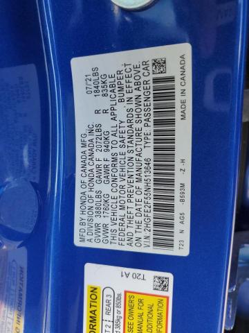 2HGFE2F55NH513646 - 2022 HONDA CIVIC SPORT ლურჯი ფოტო 12