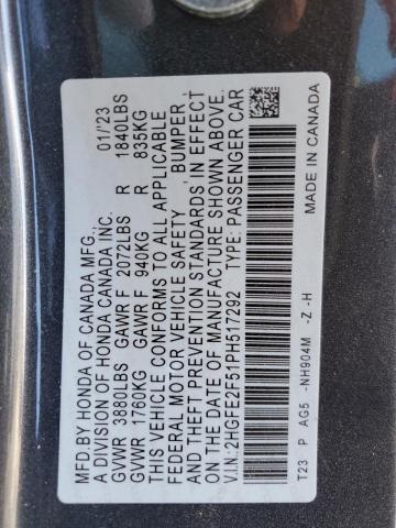 2HGFE2F51PH517292 - 2023 HONDA CIVIC SPORT ნაცრისფერი ფოტო 12