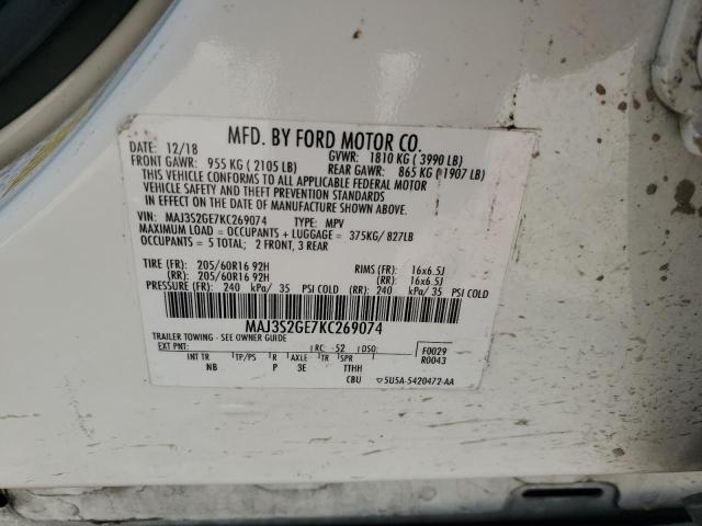 MAJ3S2GE7KC269074 - 2019 FORD ECOSPORT SE WHITE photo 12