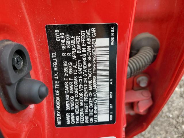 SHHFK7H40LU400598 - 2020 HONDA CIVIC SPORT 红色 照片 12