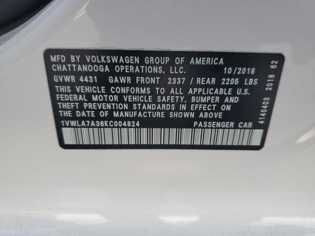 1VWLA7A36KC004824 - 2019 VOLKSWAGEN PASSAT WOLFSBURG WHITE photo 12