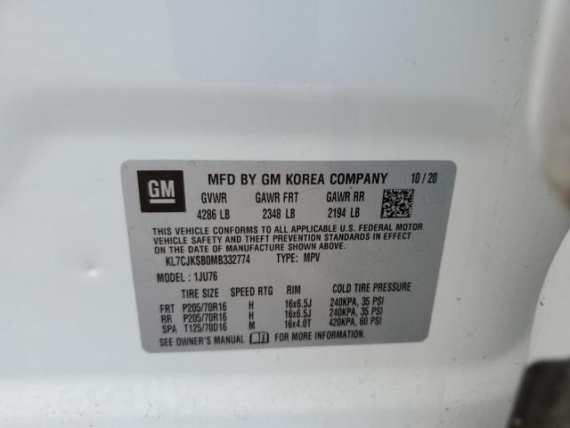 KL7CJKSB0MB332774 - 2021 CHEVROLET TRAX LS WHITE photo 12