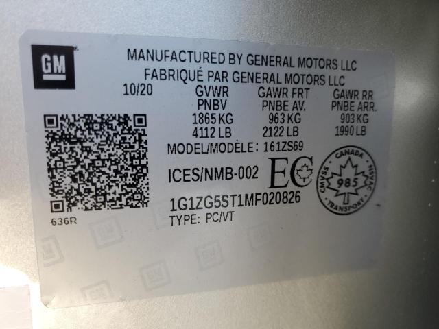 1G1ZG5ST1MF020826 - 2021 CHEVROLET MALIBU RS 银色 照片 12