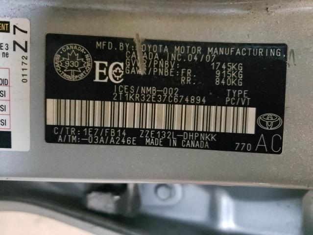 2T1KR32E37C674894 - 2007 TOYOTA COROLLA MA XR SILVER photo 13