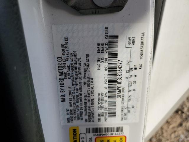 3FA6P0HD3JR164377 - 2018 FORD FUSION SE WHITE photo 12