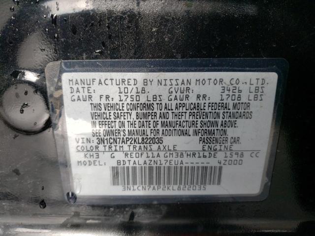 3N1CN7AP2KL822035 - 2019 NISSAN VERSA S BLACK photo 12