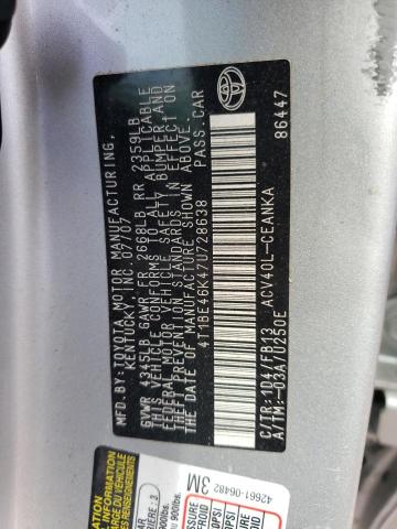 4T1BE46K47U728638 - 2007 TOYOTA CAMRY CE SILVER photo 12